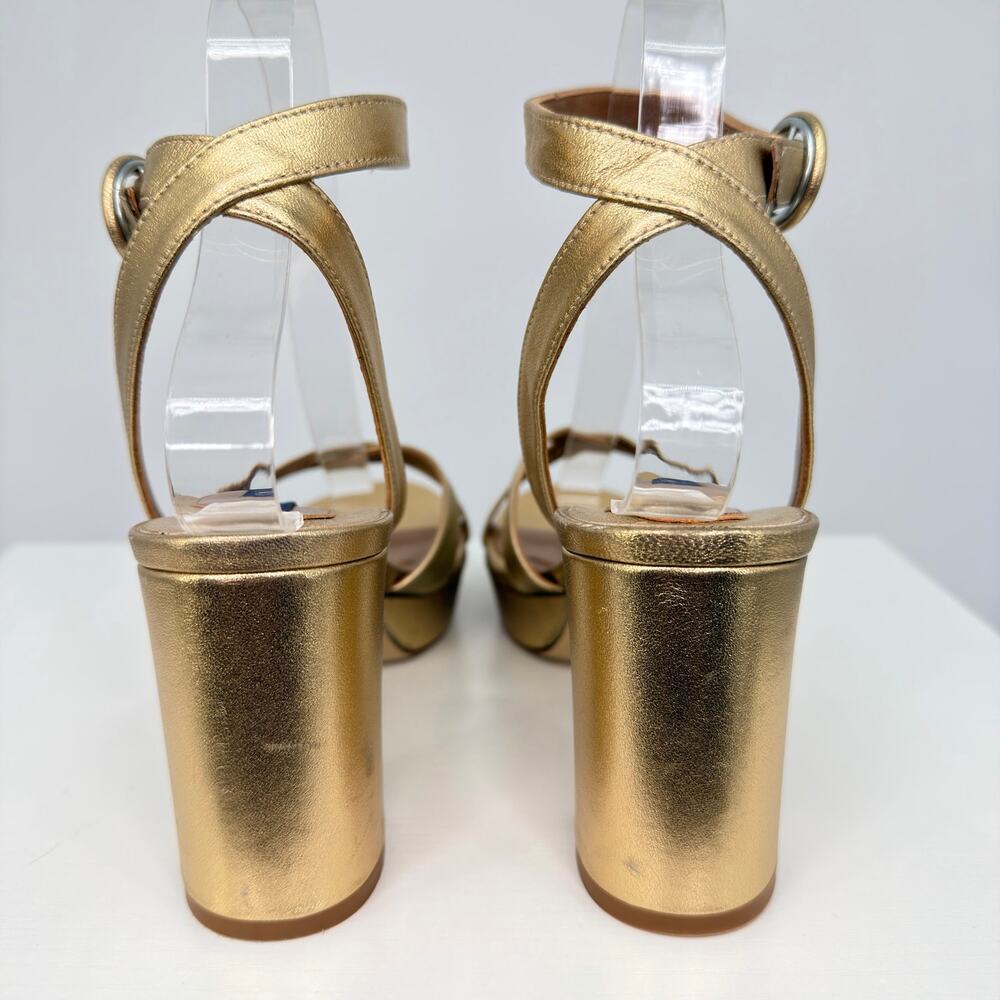 Margaux Gold Nappa Leather Platform Sandals Size 37.5 Block Heel Ankle Strap - Picture 13 of 16